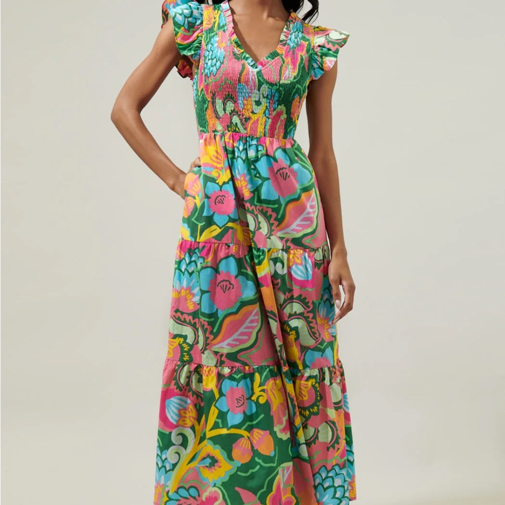 Sugarlips Pink Green Maxi Sundress V-Neck Flutter Sleeves